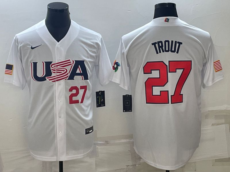 Men 2023 World Cub USA #27 Trout White Nike MLB Jersey7